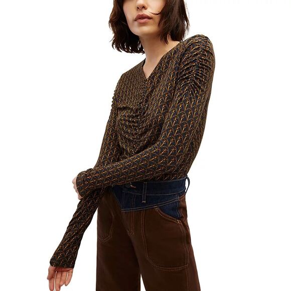 EUC Veronica Beard Neeta Ruched Jersey‎ Top Large Bit Print Stretch Long Sleeve - Picture 1 of 16